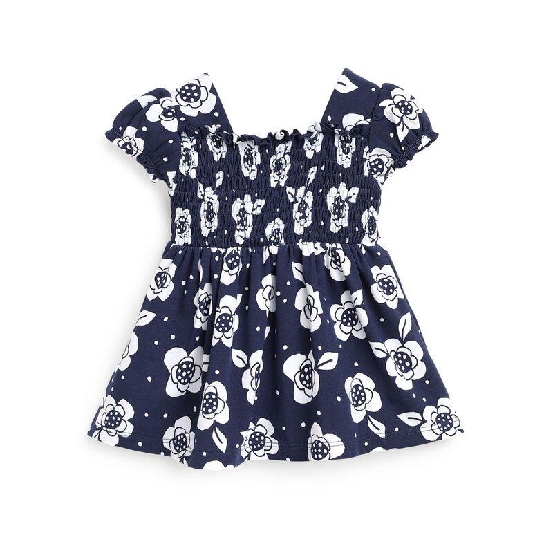 Girls White and Blue Printed Short Sleeve Dress image number 1